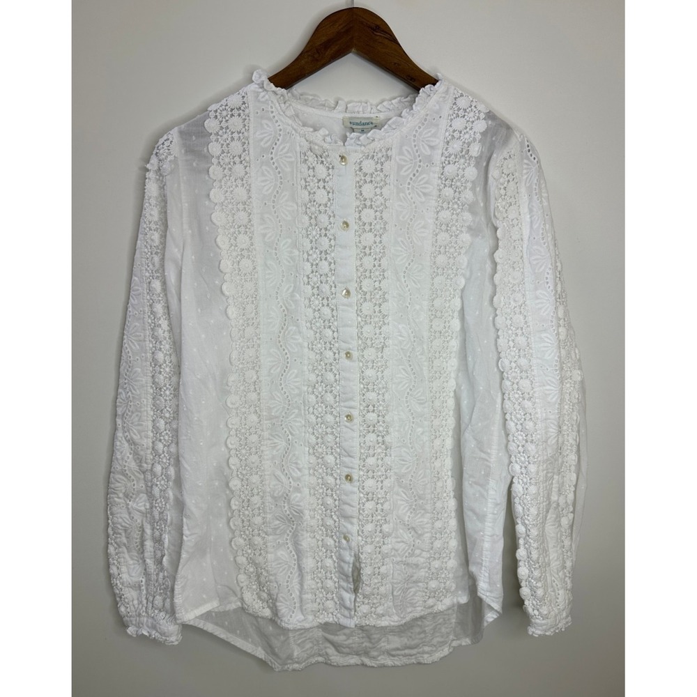 Sundance Embroidered Eyelet White Cotton Button Front Top Medium Intricat Floral - Picture 12 of 12